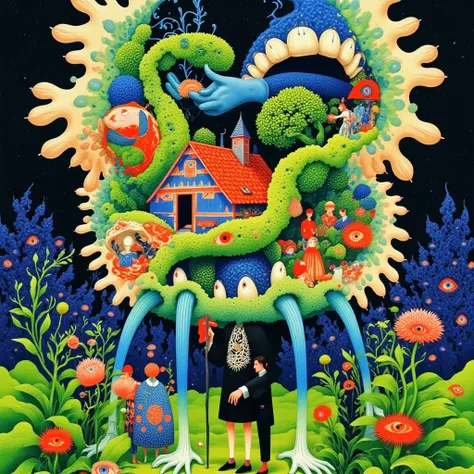  One picture is a man with a strange face ， The background is a house with long legs and teeth ,   A surrealistic painting inspired by Takeshi Nagai ,, Psychedelic Art,   Psychedelic illustration  ,   psychedelic surreal art  , colorful flat surreal  ,   s...