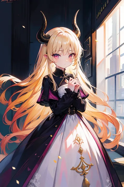 a beautiful girl with dragon horns,( short light yellow hair), pink eyes, blushing shy expression, soft smile, glossy skin, subtle blush, wearing a black coat, (best quality, oil painting style), full body, highly detailed background, vibrant colors, soft ...