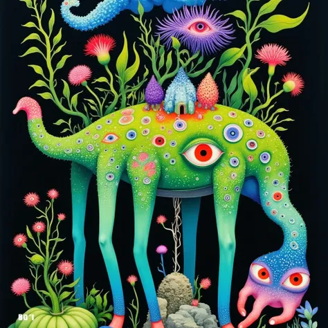 ((( psychedelic surreal art , Hyper-realistic flat colors, colorful flat surreal surreal hybrid animal, alebrijes aesthetics))).(((Alien animals，Long tentacles，One-Eye，Strange Plants )))
