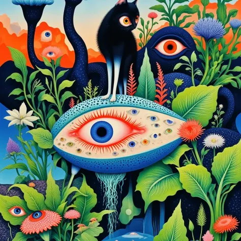 ((( psychedelic surreal art , Hyper-realistic flat colors, colorful flat surreal surreal hybrid animal, alebrijes aesthetics))).(((Alien animals，Long tentacles，One-Eye，Strange Plants )))
