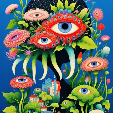 ((( psychedelic surreal art , Hyper-realistic flat colors, colorful flat surreal surreal hybrid animal, alebrijes aesthetics))).(((Alien animals，Long tentacles，One-Eye，Strange Plants )))
