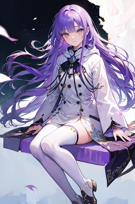 A detailed, hyperrealistic portrait of a young woman with long, flowing purple hair, parted bangs, and bright yellow eyes gazing intently. She wears a hooded white wool coat, white ankle boots, and black thigh-high socks. The background features a lush, ve...