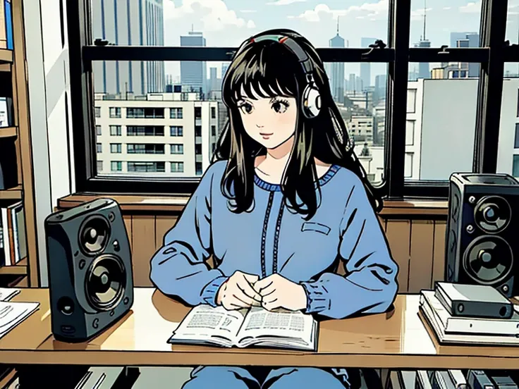 Illustration. A woman with long wavy hair is sitting by the window looking at the city outside the window and enjoying a comfortable time. She is operating a computer at a table with speakers and listening to music with white headphones.