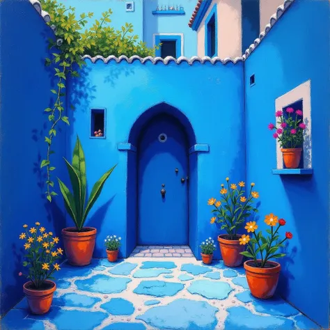 Pastel drawing、abstract painting style 、Morocco、Chefchaouene Bleu、Blue wall in the center of the screen 、Backyard with no light 、 surrounded by deep blue walls、 The picture is only dark blue, light blue, and white、 small flowers in small pots、 Colorful pot...