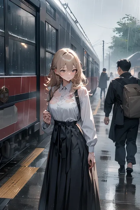 1boy , female focus, Black Hakama, Torn Suit, Outdoors, rain,  (masterpiece), ( best quality ), ( more details),  very aesthetic,  illustration of a train,  tousled hair,  perfect composition, Moist Skin,  exquisite details,