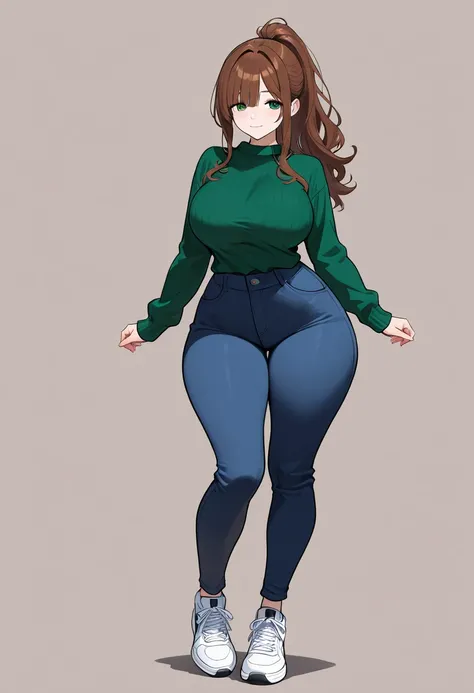 1girl, brown hair, ponytail, long hair, bangs, long bangs, green eyes, large breasts, wide hips, sweater, green sweater, pants, blue pants, sneakers, standing, full body, (full body), smile, light smile,