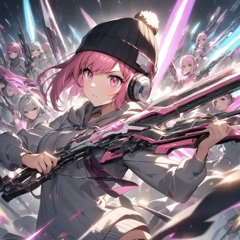 
woman、Young girl、pink shortcut、 pink eyes、 black knitted hat、 white headphones、 gray hoodie 、 、12 glittering weapons