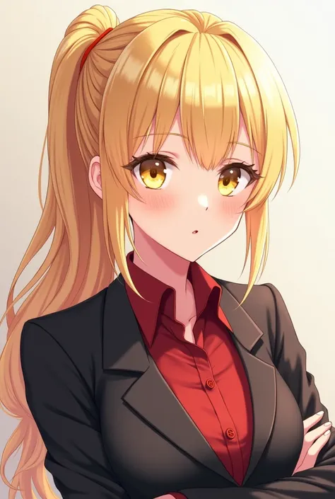  anime girl image  [appearance= "height: 175 cm", " yellow eyes ", " blond hair ", " ponytail ", "PIEL BLANCA"] [Clothes= "elegant suit", "red shirt"]   Precise,  The best quality, anime 8K,  High Details,  High resolution, HD model, 2d