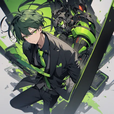 My head is a box 、 in a black suit、Tie green color、mechanical