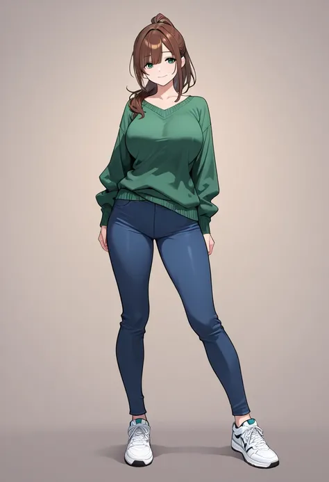 1girl, brown hair, ponytail, long hair, bangs, long bangs, green eyes, large breasts, shiny skin, sweater, green sweater, pants, blue pants, sneakers, standing, full body, (full body), smile, light smile, three quarter view, loose clothes, 