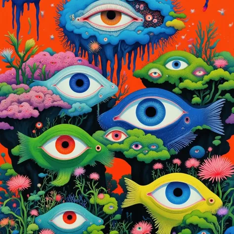 Draw a fish tank with fish and 3 eyes, A surrealist painting by Justin Gerard ,  Behance Contest,  pop surrealism,  Psychedelic illustration ,  psychedelic surreal art , japanese  pop surrealism, 日本 pop surrealism, Detailed Dreams,  pop surrealism lowbrow ...