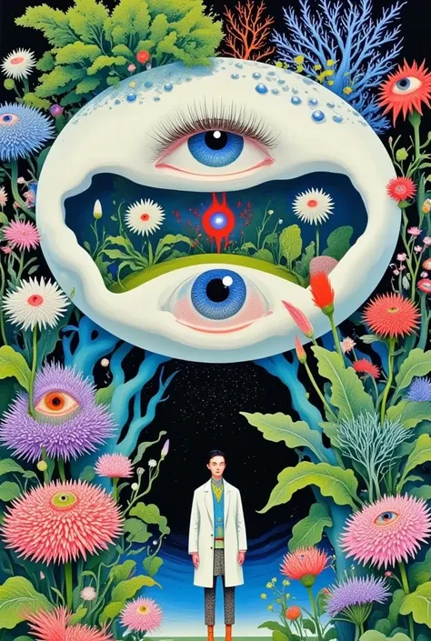 A painting of a woman standing in front of a giant eye surrounded by flowers, 贾斯汀·杰拉德的一幅 Surrealism画作 , tumblr, 流行 Surrealism,  magical realism bizarre art, 流行 -  Surrealism,  surreal illustration ,  Jean-Sebastien Rossbach ,  psychedelic surreal art , low...