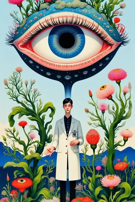 A painting of a doctor standing in front of a giant eye surrounded by flowers, 贾斯汀·杰拉德的一幅 Surrealism画作 , tumblr, 流行 Surrealism,  magical realism bizarre art, 流行 -  Surrealism,  surreal illustration ,  Jean-Sebastien Rossbach ,  psychedelic surreal art , lo...