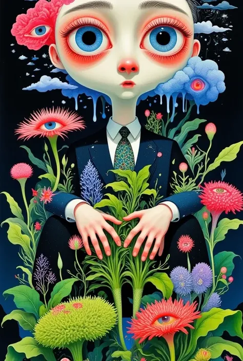  in a suit 、Wear a tie、 highly detailed surrealist art {x} painting of a man with flowers in his eyes, psychedelic  Surrealism art, neo  Surrealismism, pop -  Surrealismism, Jeff Soto's Style , pop  Surrealismism, hyper Surrealism,  Surrealism illustration...