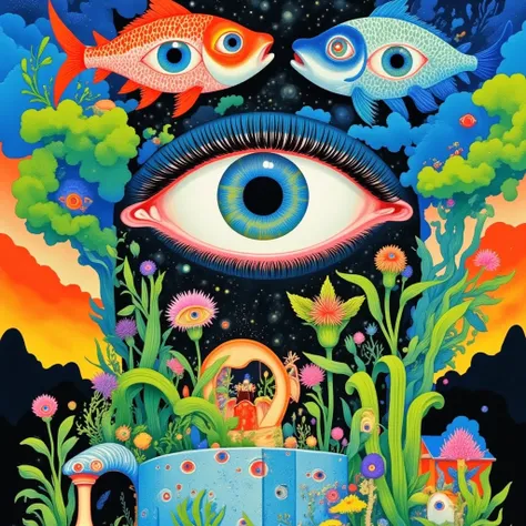 Draw a fish tank with fish and 3 eyes,  Psychedelic illustration ,  psychedelic surreal art , japanese  pop surrealism, 日本 pop surrealism, Detailed Dreams,  pop surrealism lowbrow art style, Pop-Surrealism,  Otherworldly visual effects ,  pop surrealism ar...