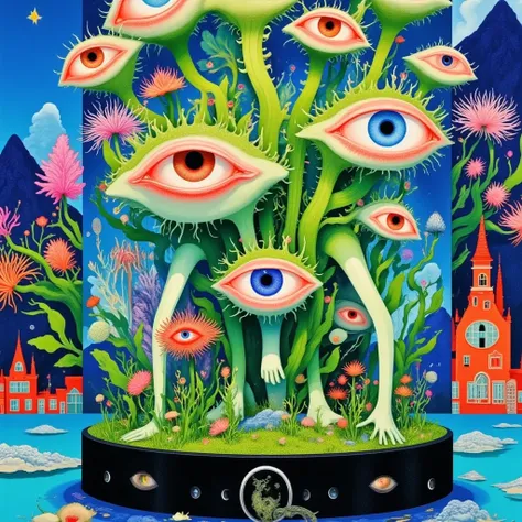 Draw a fish tank with fish and 3 eyes,  Psychedelic illustration ,  psychedelic surreal art , japanese  pop surrealism, 日本 pop surrealism, Detailed Dreams,  pop surrealism lowbrow art style, Pop-Surrealism,  Otherworldly visual effects ,  pop surrealism ar...