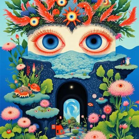 Draw a fish tank with fish and 3 eyes,  Psychedelic illustration ,  psychedelic surreal art , japanese  pop surrealism, 日本 pop surrealism, Detailed Dreams,  pop surrealism lowbrow art style, Pop-Surrealism,  Otherworldly visual effects ,  pop surrealism ar...