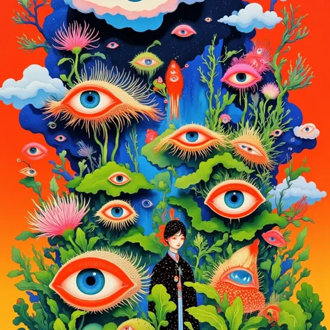 Draw a fish tank with fish and 3 eyes,  Psychedelic illustration ,  psychedelic surreal art , japanese  pop surrealism, 日本 pop surrealism, Detailed Dreams,  pop surrealism lowbrow art style, Pop-Surrealism,  Otherworldly visual effects ,  pop surrealism ar...