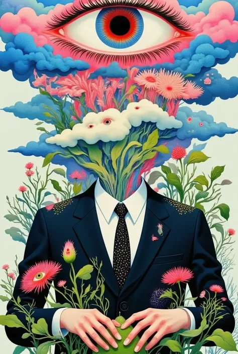  in a suit 、 illustration of a man with clouds and eyes ,  Surrealism illustration,  Psychedelic illustration , psychedelic  Surrealism art, pop  Surrealismism, pop  Surrealismism lowbrow art style, pop -  Surrealismism, dreamlike  Surrealismism, hyper Sur...