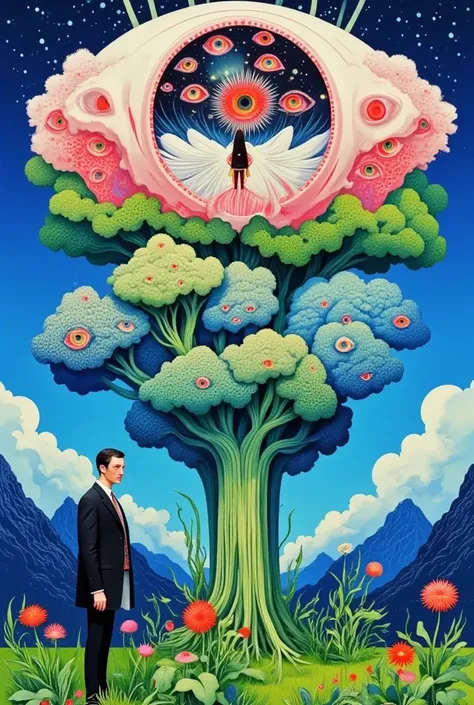  in a suit 、 illustration of a man with clouds and eyes ,  Surrealism illustration,  Psychedelic illustration , psychedelic  Surrealism art, pop  Surrealismism, pop  Surrealismism lowbrow art style, pop -  Surrealismism, dreamlike  Surrealismism, hyper Sur...