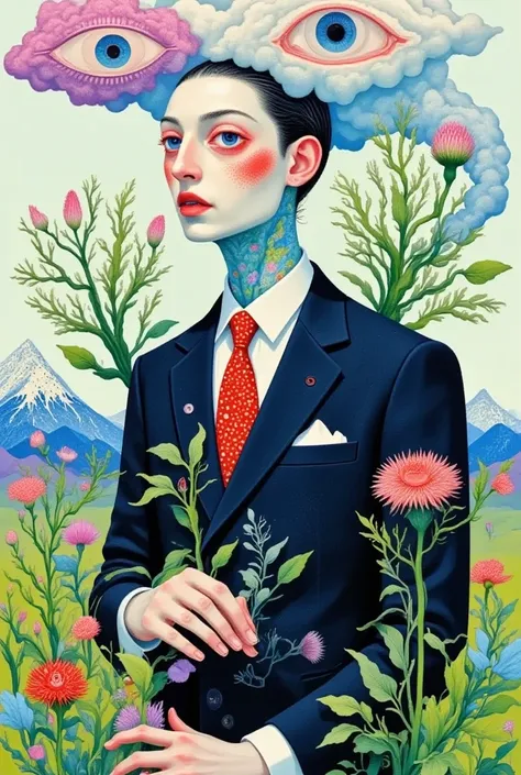  in a suit 、 illustration of a man with clouds and eyes , Pedro Pedraja 的一幅 Surrealism画作 ,  Behance Contest, 流行 Surrealism,  surreal illustration ,  Psychedelic illustration ,  psychedelic surreal art , 流行 Surrealism lowbrow art style, 梦幻 Surrealism, 流行 - ...