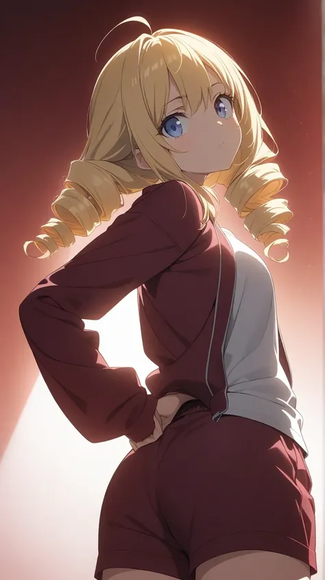 ( score_9, score_8_up, score_7_up ), upper body, ultra-detailed, detailed face, (looking up, looking back ,head tilt,looking at viewer), 
Solo, a girl, blonde, long hair, side tail, drill hair, ahoge, blue eyes, slant eyes, narrow eyes, white t-shirt, wear...