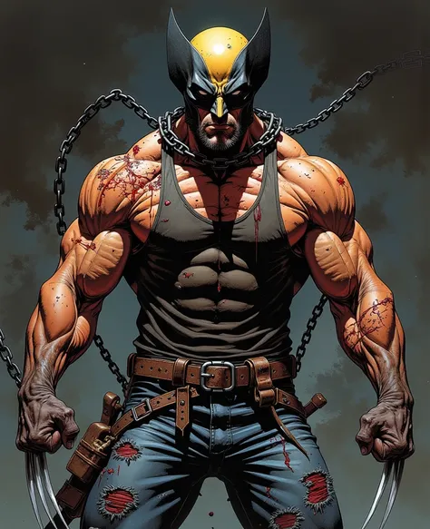 The man in the Wolverine mask. He has sharp claws protruding from the bones on the back of his hand. He is big, powerful, strong and athletic, like a man with beautiful muscles and six-pack abs. He wears a tank top, ripped jeans, and wounds and blood. He h...