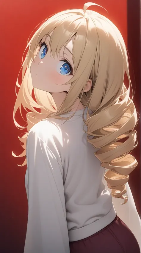 ( score_9, score_8_up, score_7_up ), upper body, ultra-detailed, detailed face, (looking up, looking back ,head tilt,looking at viewer), 
Solo, a girl, blonde, long hair, side tail, drill hair, ahoge, blue eyes, slant eyes, narrow eyes, white t-shirt, wear...