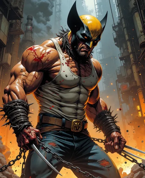 The man in the Wolverine mask. He has sharp claws protruding from the bones on the back of his hand. He is big, powerful, strong and athletic, like a man with beautiful muscles and six-pack abs. He is wearing a tank top, ripped jeans, wounds and blood. He ...