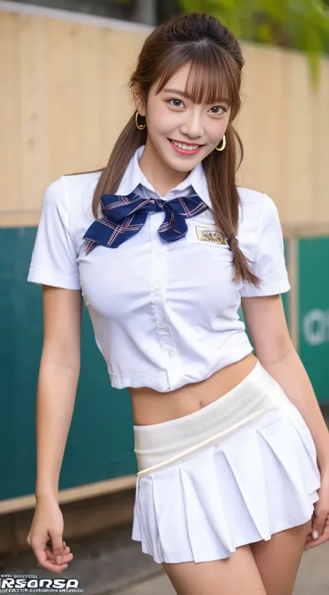  realistic, Masterpiece,  best quality ,  perfect anatomy, ( detailed eyes), One of the high school students, Navy blue school uniform, Big Breasts, sweat,  ponytail,  earrings,   pelvic curtain, ( Wide Hips ),  has a smiling face,  embarrassing,  STANDING...