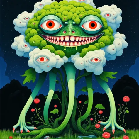 Create a horrifying alien monster that merges the features of a cauliflower and a frog. The creature has a large, bulbous cauliflower body with slimy, green frog limbs extending from it. Its eyes are massive and amphibian-like, glowing with a toxic green h...