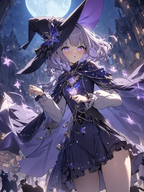 (masterpiece, best quality, extremely detailed), 
1girl, cute and mysterious witch a young witch with pastel lavender hair adorned with silver moon charms, and shimmering violet eyes. She wears a starry midnight blue dress with billowy sleeves and a sheer ...