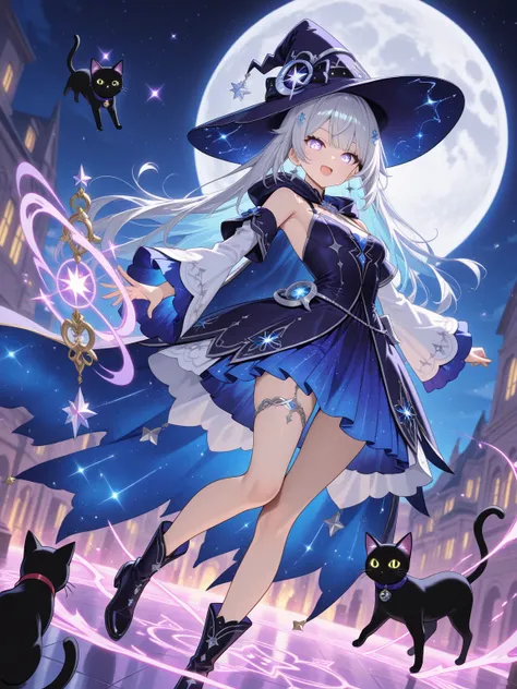 (masterpiece, best quality, extremely detailed), 
1girl, cute and mysterious witch a young witch with pastel lavender hair adorned with silver moon charms, and shimmering violet eyes. She wears a starry midnight blue dress with billowy sleeves and a sheer ...