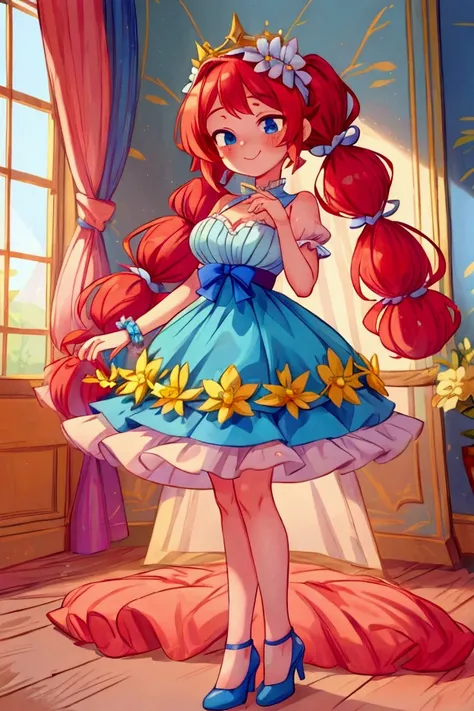 (masterpiece, best quality), 1girl, blue and white frill dress, red hair, two ponytails, cute face, blue eyes, standing, indoor, intricate detail, sunlight, flower crown, sexy pose, blue heels shoes, earrings, elegant hand watch, smile, coquette, gorgeous ...