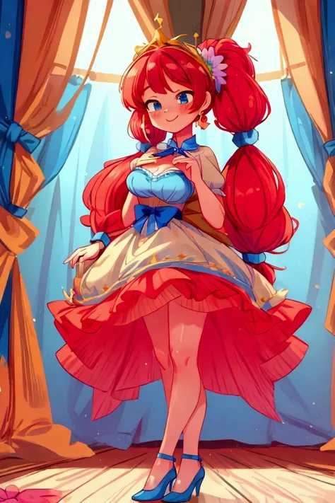 (masterpiece, best quality), 1girl, blue and white frill dress, red hair, two ponytails, cute face, blue eyes, standing, indoor, intricate detail, sunlight, flower crown, sexy pose, blue heels shoes, earrings, elegant hand watch, smile, coquette, gorgeous ...