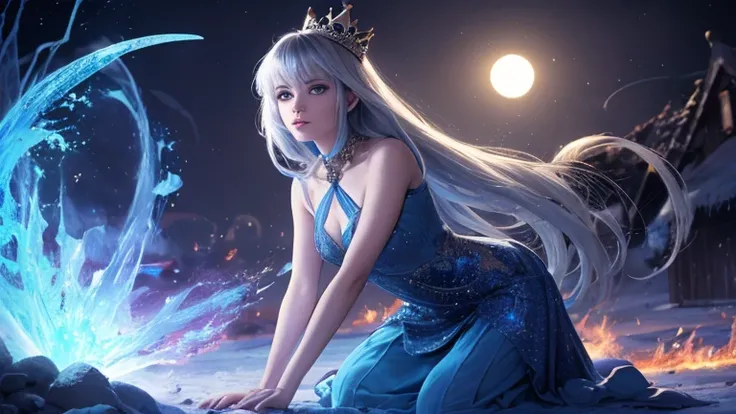 night, ((1 girl)), alone, masterpiece, 8k wallpaper, highres, absurdres, high quality background, short hair, black hair, multicolor hair, beautiful frozen village, (full bright moon), blue dress, detailed dress, jewelry dress, (magic:1.2), blue fire, blue...