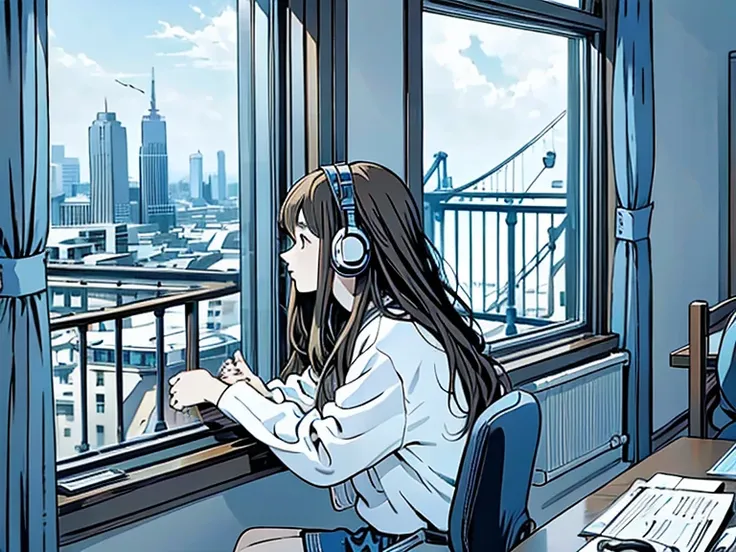 Illustration. A woman with long wavy hair is sitting by the window looking at the city outside the window and enjoying a comfortable time. She is operating a computer at a table with speakers and listening to music with white headphones.