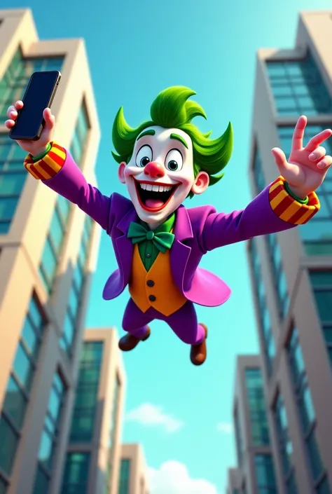 cartoon photo :  A joker taking a selfie while flying in the air.Office building background  