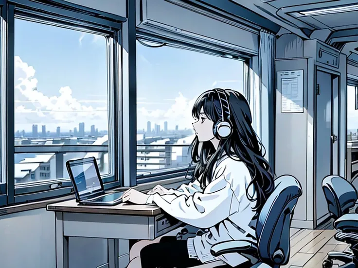 Illustration. A woman with long wavy hair is sitting by the window looking at the city outside the window and enjoying a comfortable time. She is operating a computer at a table with speakers and listening to music with white headphones.