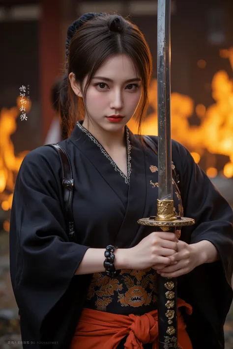 Very realistic everyday photos, beautiful Asian woman, (Smooth Straight Hair), Japanese style hair accessories, gentle eyes with a touch of sadness, moist eyes, menguri, Black clothes, Brightly colored costumes, fusion of traditional Japanese kimono and ar...