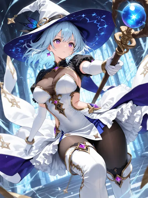 (masterpiece, best quality, ultra-detailed character, high resolution, 8k), 1girl, light blue hair, medium hair, purple eyes, witch, strapless dress, frills, short dress, shrug (clothing), side cutout, see-through cleavage, black pantyhose, white thigh boo...