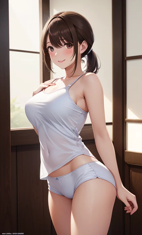 ( best quality :1.5,  high resolution, 超 high resolution, 4K,  Detailed Lighting,  shader), 

 brown ponytail, ,  thighs, Total, smile,  white camisole, ,  hotpants, (throw),  standing,  sexy,  erotic , Despicable