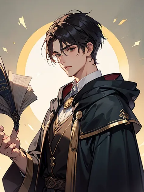 
Create a handsome boy with short hair like a wizard 