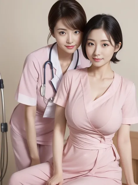 (Masterpiece、 best quality 、 high resolution)、(clinic、hospital、 sex,Hospital room )、 female 1 person、Sitting on a hospital bed wearing a white mask、(( Nurse、 Health Care Workers 、 Nurseの仕事))、( huge boobs:1.4), ( open chest :1.3), ( Japanese woman、Popular a...