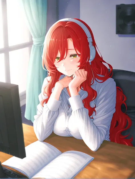 Illustration. A woman with long wavy hair is sitting by the window looking at the city outside the window and enjoying a comfortable time. She is operating a computer at a table with speakers and listening to music with white headphones.