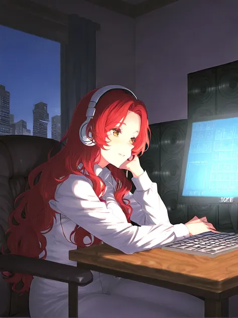 Illustration. A woman with long wavy hair is sitting by the window looking at the city outside the window and enjoying a comfortable time. She is operating a computer at a table with speakers and listening to music with white headphones.