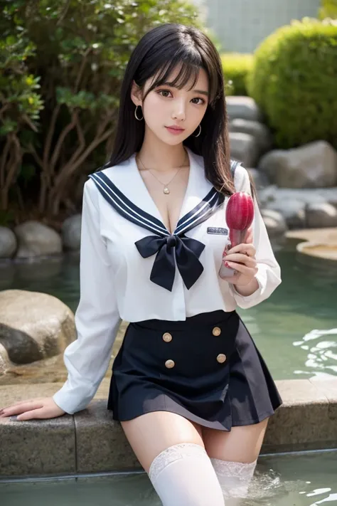 ((  best quality  )), ((Masterpiece)), (  Details),   girls ,   sexy、  sailor suit 、  big breasted 、  black hair、  miniskirt、 Beautiful girl holding a cucumber、  red ribbon、  cleavage 、ネイビーの  sailor suit 、 black knee-highs、Taking a bath in a Japanese hot s...