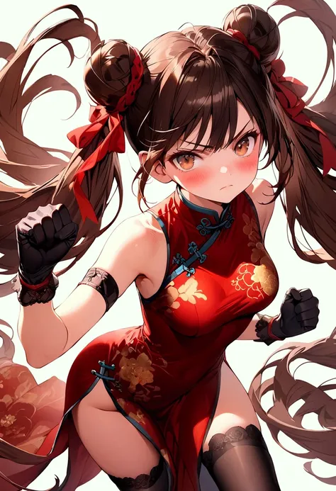 (masterpiece),(best quality),(ultra-detailed),(best illustration),(best shadow),(detailed background), 1girl, solo, very-long-hair, dress, long-hair, thighhighs, twintails, chinese-clothes, china-dress, standing, gloves, bandages, red-dress, hair-bun, look...