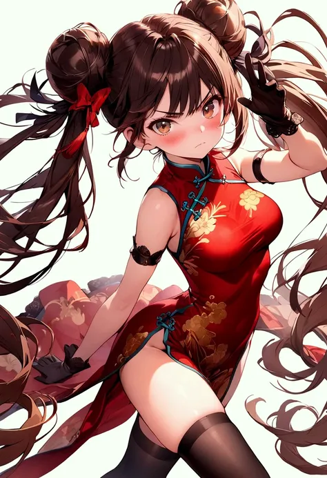 (masterpiece),(best quality),(ultra-detailed),(best illustration),(best shadow),(detailed background), 1girl, solo, very-long-hair, dress, long-hair, thighhighs, twintails, chinese-clothes, china-dress, standing, gloves, bandages, red-dress, hair-bun, look...