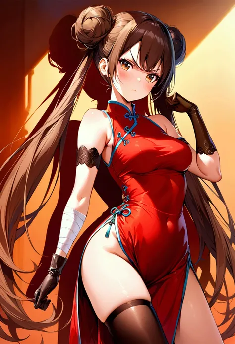 (masterpiece),(best quality),(ultra-detailed),(best illustration),(best shadow),(detailed background), 1girl, solo, very-long-hair, dress, long-hair, thighhighs, twintails, chinese-clothes, china-dress, standing, gloves, bandages, red-dress, hair-bun, look...